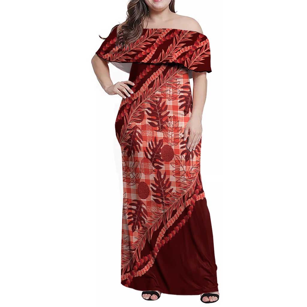 Hawaii Breadfruit Palaka Family Matching Off Shoulder Maxi Dress and Hawaiian Shirt Ulaula Maile Lei LT9 Mom's Dress Red - Polynesian Pride