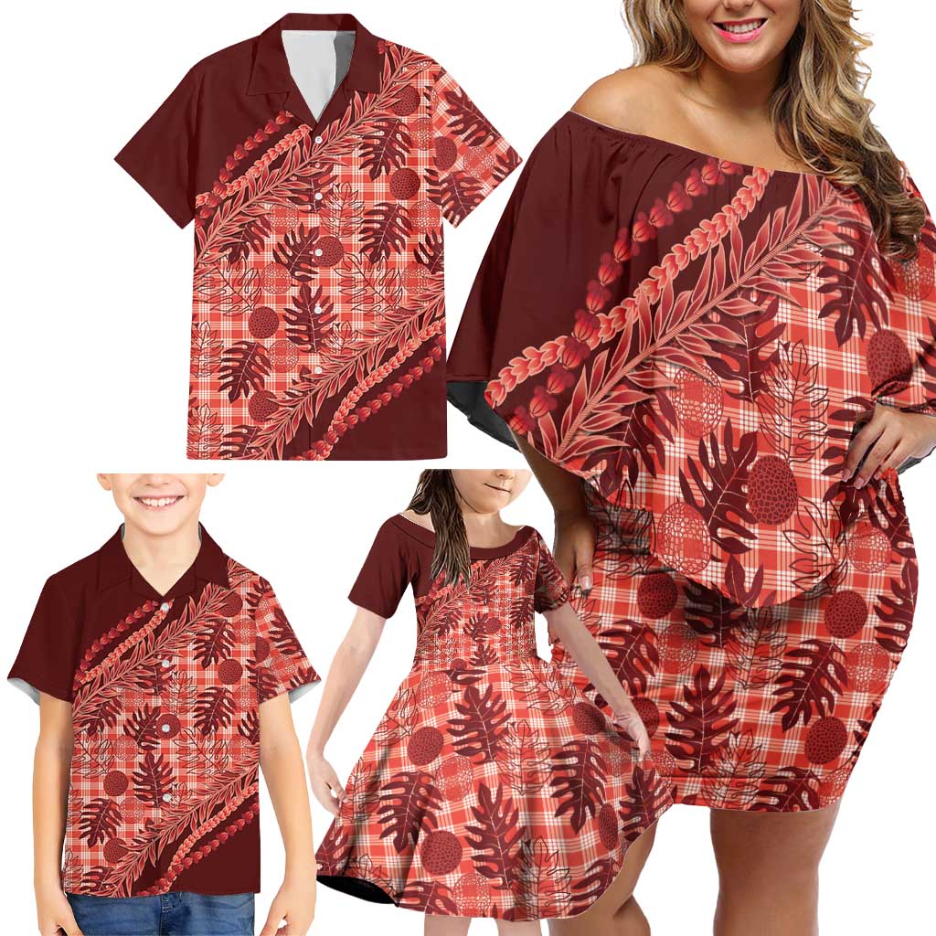 Hawaii Breadfruit Palaka Family Matching Off Shoulder Short Dress and Hawaiian Shirt Ulaula Maile Lei LT9 - Polynesian Pride