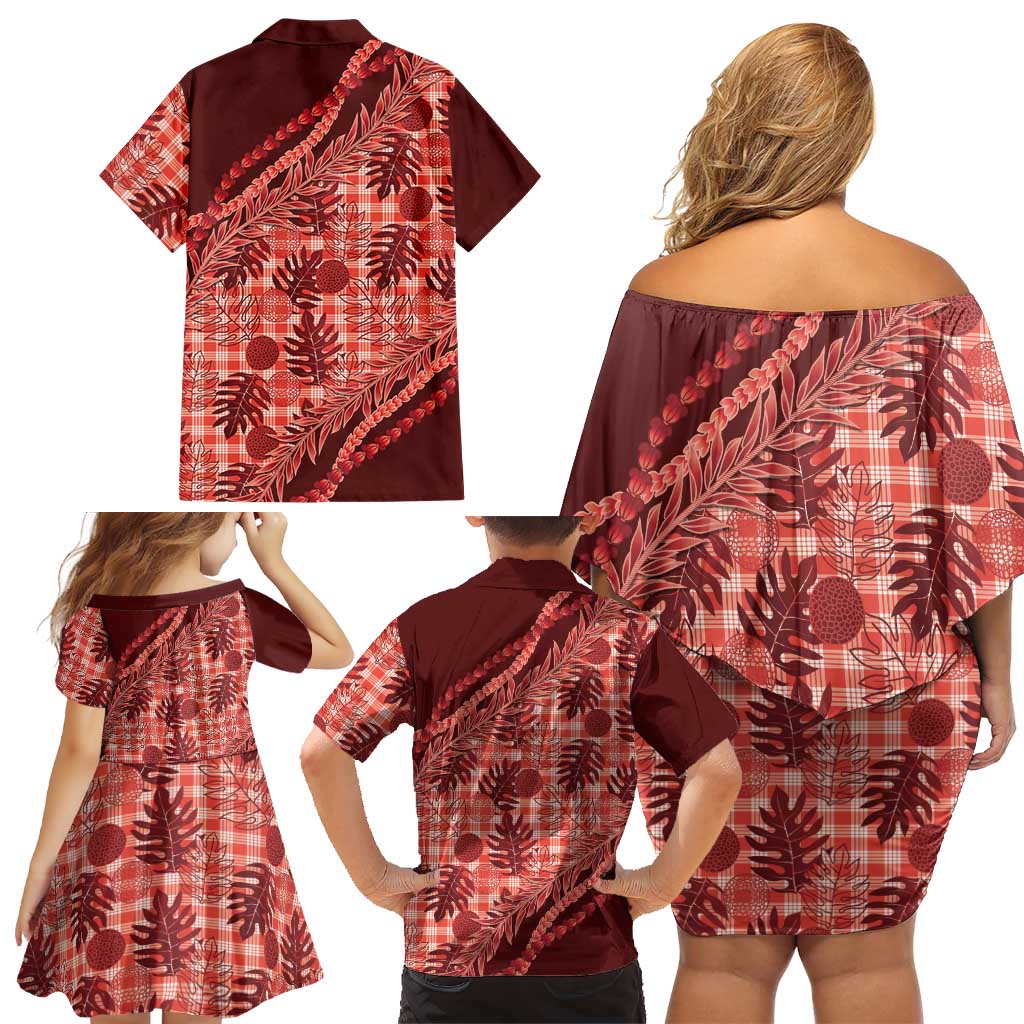 Hawaii Breadfruit Palaka Family Matching Off Shoulder Short Dress and Hawaiian Shirt Ulaula Maile Lei LT9 - Polynesian Pride