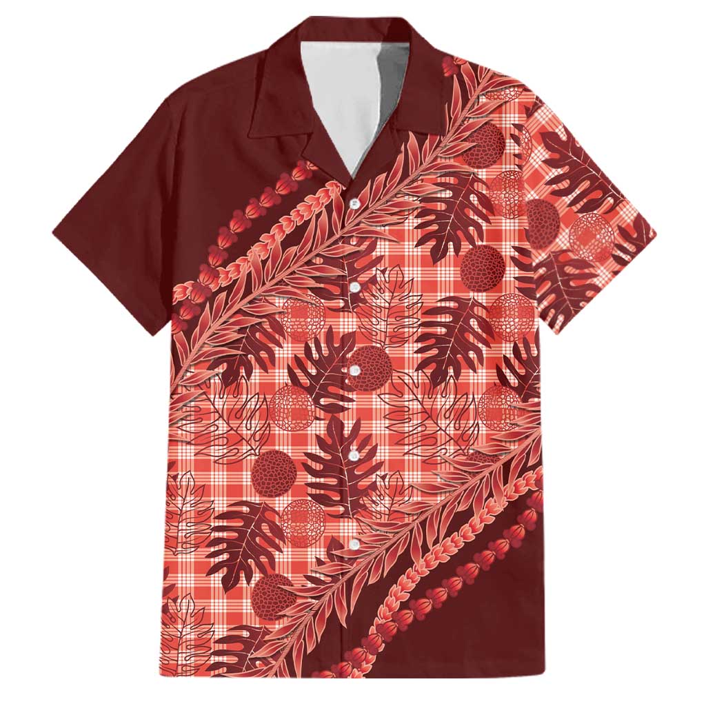 Hawaii Breadfruit Palaka Family Matching Off Shoulder Short Dress and Hawaiian Shirt Ulaula Maile Lei LT9 Dad's Shirt - Short Sleeve Red - Polynesian Pride