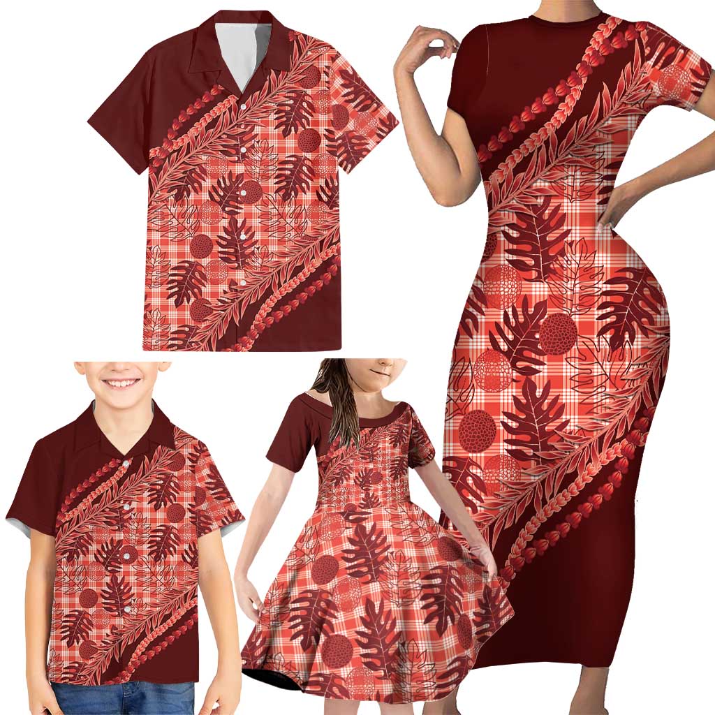 Hawaii Breadfruit Palaka Family Matching Short Sleeve Bodycon Dress and Hawaiian Shirt Ulaula Maile Lei LT9 - Polynesian Pride