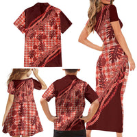 Hawaii Breadfruit Palaka Family Matching Short Sleeve Bodycon Dress and Hawaiian Shirt Ulaula Maile Lei LT9 - Polynesian Pride