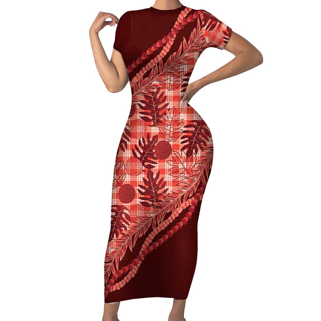 Hawaii Breadfruit Palaka Family Matching Short Sleeve Bodycon Dress and Hawaiian Shirt Ulaula Maile Lei LT9 Mom's Dress Red - Polynesian Pride
