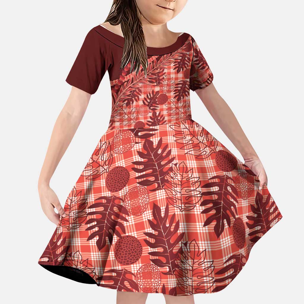 Hawaii Breadfruit Palaka Family Matching Summer Maxi Dress and Hawaiian Shirt Ulaula Maile Lei LT9 Daughter's Dress Red - Polynesian Pride