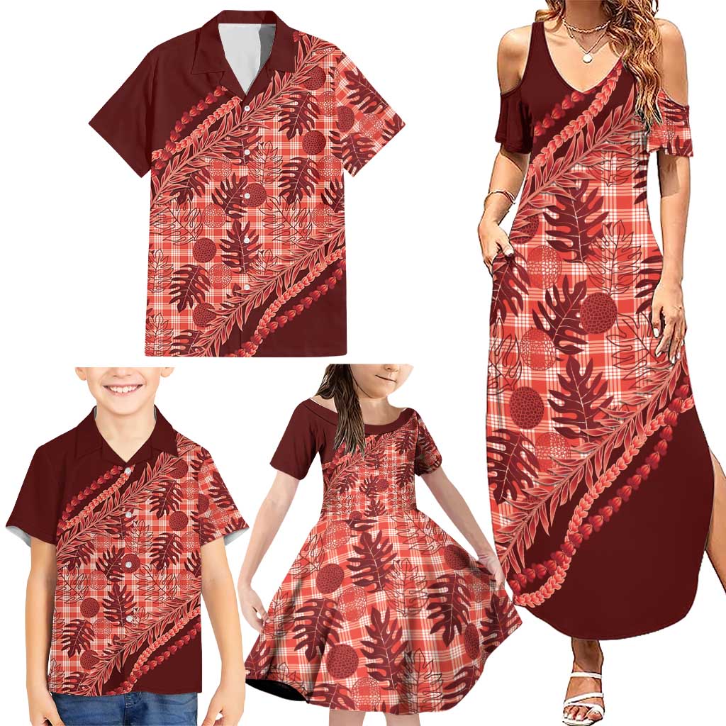 Hawaii Breadfruit Palaka Family Matching Summer Maxi Dress and Hawaiian Shirt Ulaula Maile Lei LT9 - Polynesian Pride