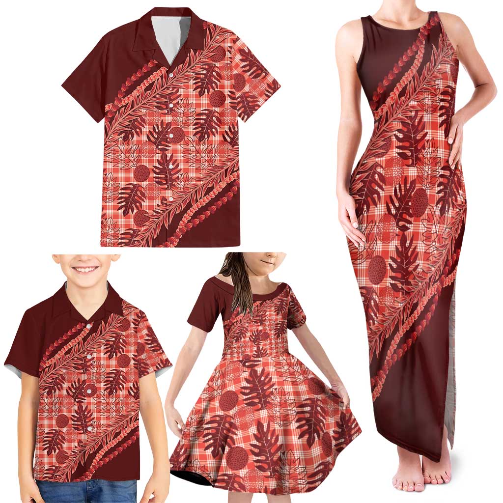 Hawaii Breadfruit Palaka Family Matching Tank Maxi Dress and Hawaiian Shirt Ulaula Maile Lei LT9 - Polynesian Pride