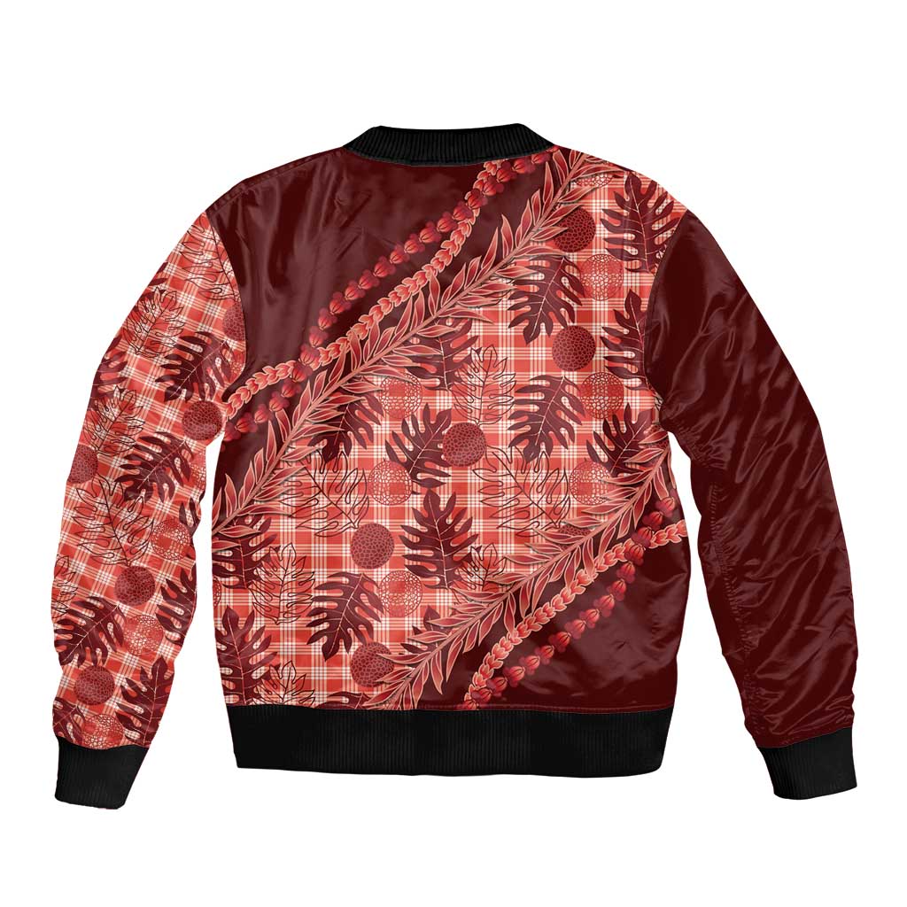 Hawaii Breadfruit Palaka Sleeve Zip Bomber Jacket Ulaula Maile Lei - Polynesian Pride