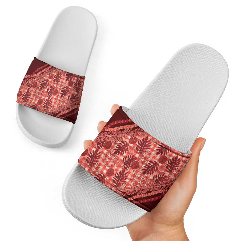 Hawaii Breadfruit Palaka Slide Sandals Ulaula Maile Lei - Polynesian Pride