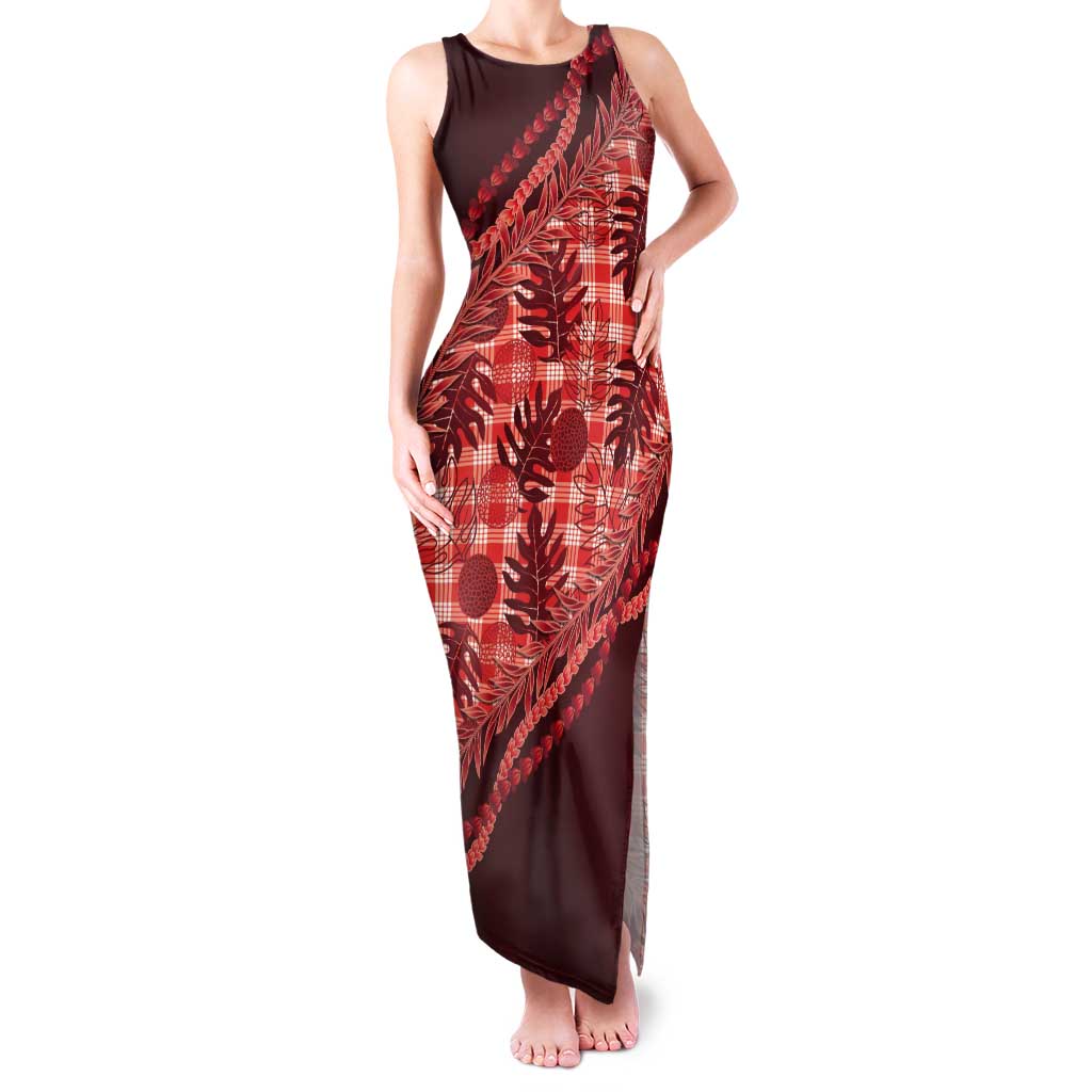 Hawaii Breadfruit Palaka Tank Maxi Dress Ulaula Maile Lei LT9 Women Red - Polynesian Pride