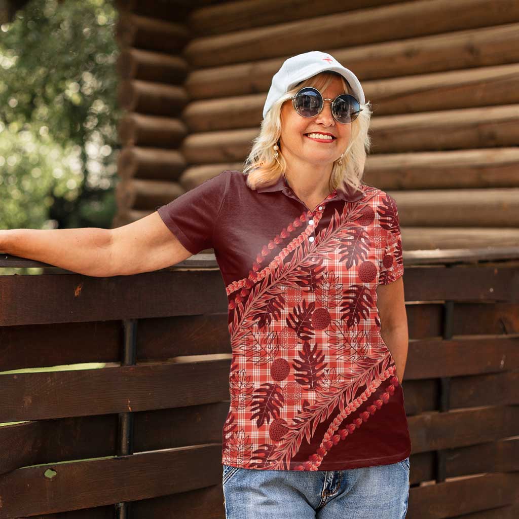 Hawaii Breadfruit Palaka Women Polo Shirt Ulaula Maile Lei - Polynesian Pride