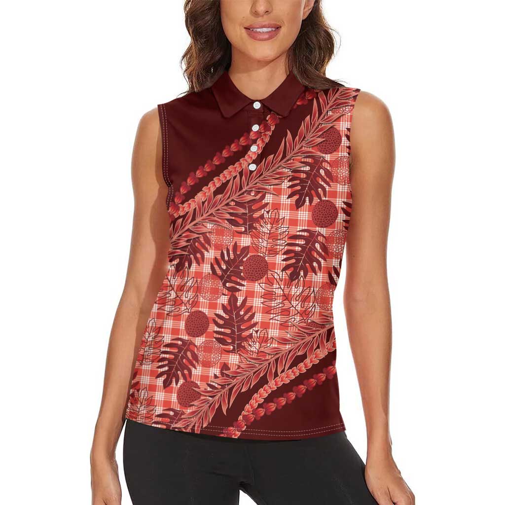 Hawaii Breadfruit Palaka Women Sleeveless Polo Shirt Ulaula Maile Lei - Polynesian Pride