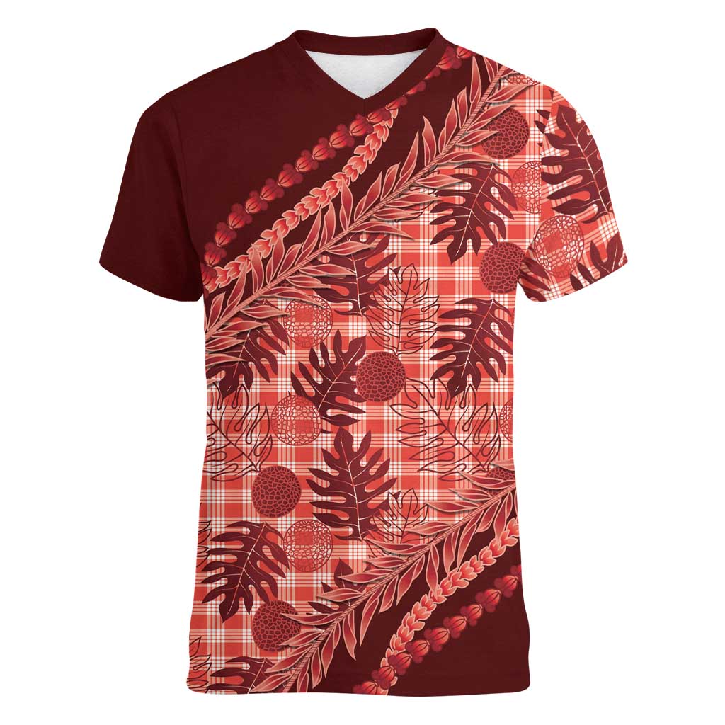 Hawaii Breadfruit Palaka Women V-Neck T-Shirt Ulaula Maile Lei - Polynesian Pride