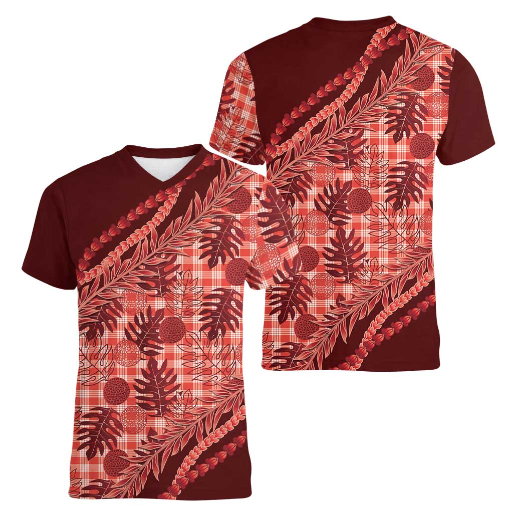 Hawaii Breadfruit Palaka Women V-Neck T-Shirt Ulaula Maile Lei - Polynesian Pride