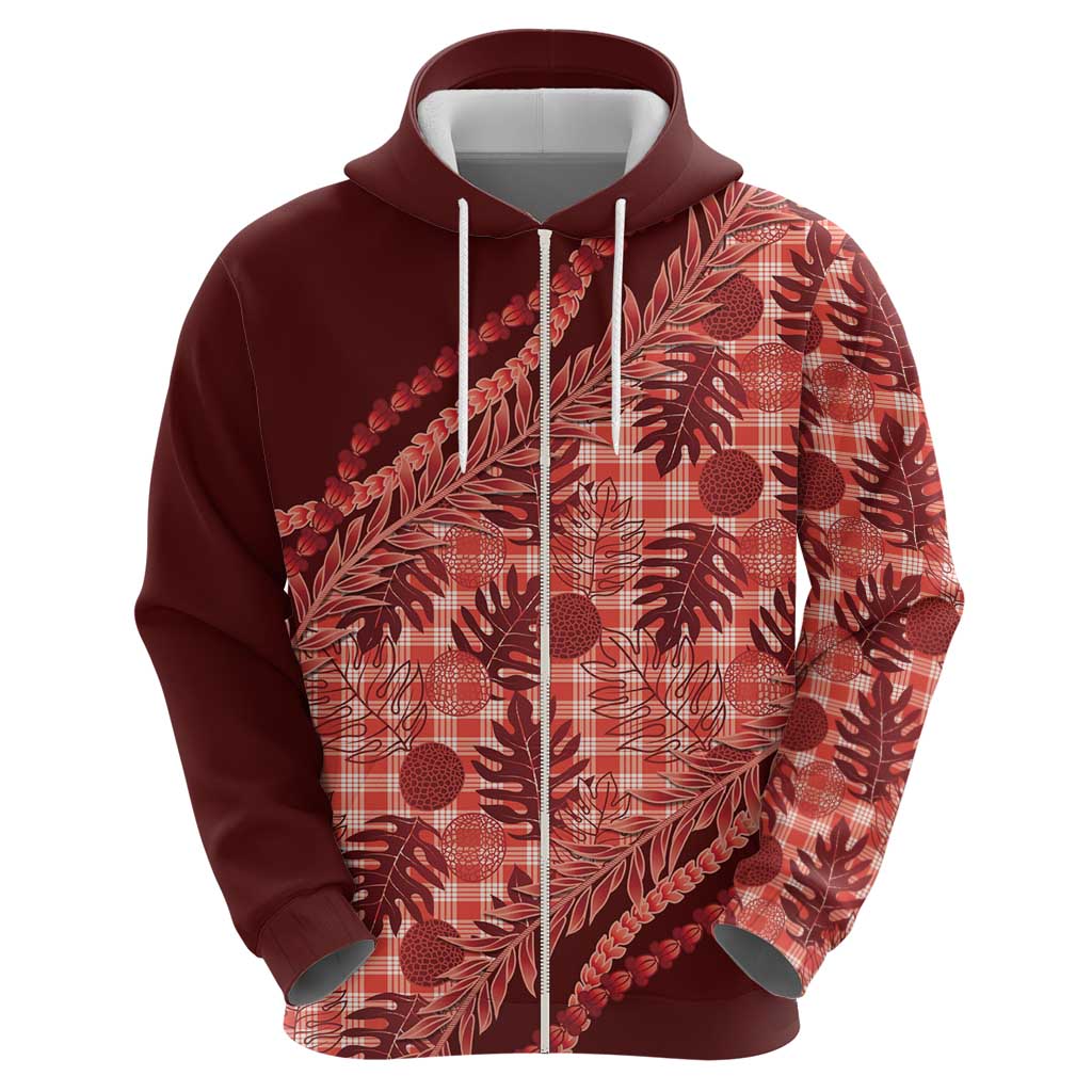 Hawaii Breadfruit Palaka Zip Hoodie Ulaula Maile Lei - Polynesian Pride