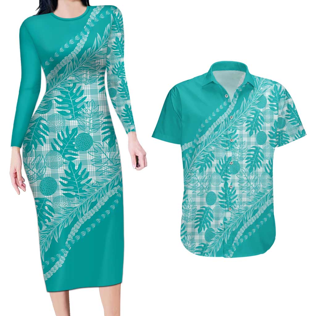 Hawaii Breadfruit Palaka Couples Matching Long Sleeve Bodycon Dress and Hawaiian Shirt Polu Opal Maile Lei LT9 Turquoise - Polynesian Pride
