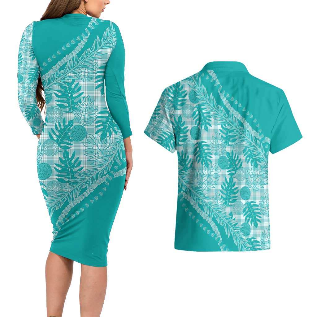 Hawaii Breadfruit Palaka Couples Matching Long Sleeve Bodycon Dress and Hawaiian Shirt Polu Opal Maile Lei LT9 - Polynesian Pride