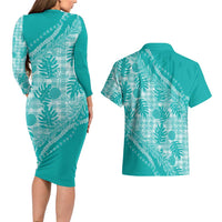 Hawaii Breadfruit Palaka Couples Matching Long Sleeve Bodycon Dress and Hawaiian Shirt Polu Opal Maile Lei LT9 - Polynesian Pride