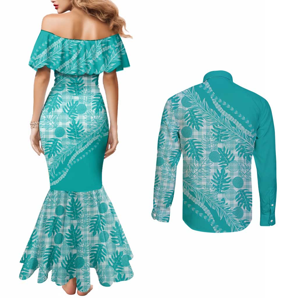 Hawaii Breadfruit Palaka Couples Matching Mermaid Dress and Long Sleeve Button Shirt Polu Opal Maile Lei - Polynesian Pride