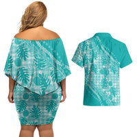 Hawaii Breadfruit Palaka Couples Matching Off Shoulder Short Dress and Hawaiian Shirt Polu Opal Maile Lei - Polynesian Pride