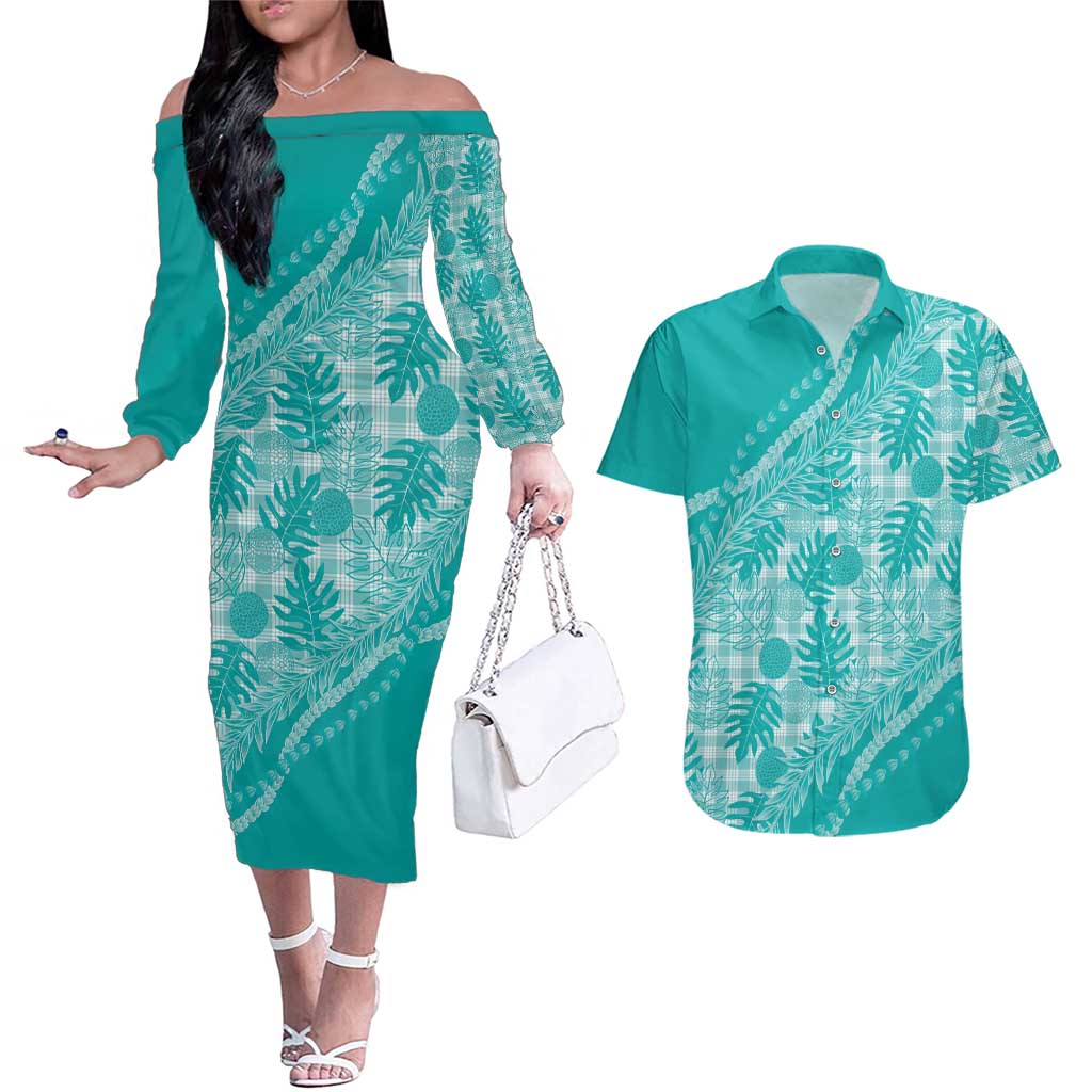 Hawaii Breadfruit Palaka Couples Matching Off The Shoulder Long Sleeve Dress and Hawaiian Shirt Polu Opal Maile Lei LT9 Turquoise - Polynesian Pride