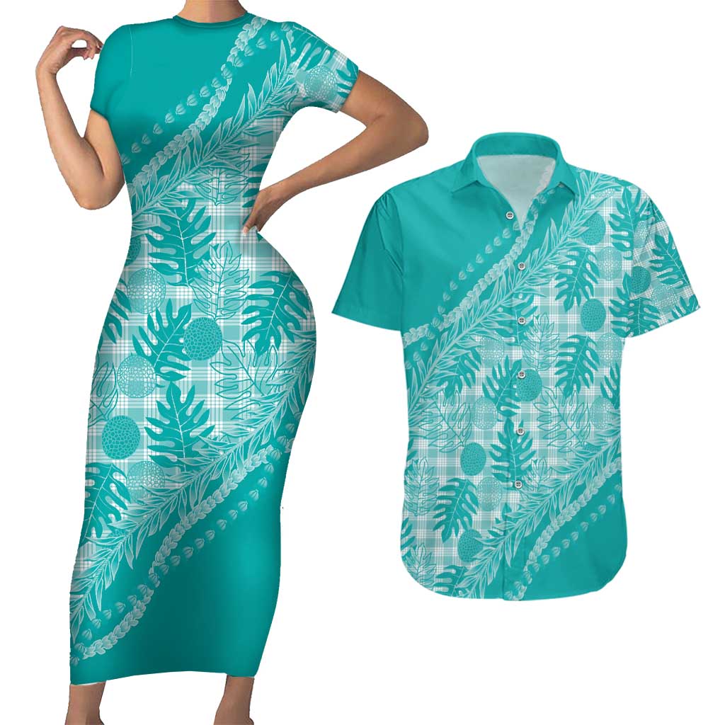 Hawaii Breadfruit Palaka Couples Matching Short Sleeve Bodycon Dress and Hawaiian Shirt Polu Opal Maile Lei LT9 Turquoise - Polynesian Pride