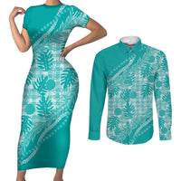 Hawaii Breadfruit Palaka Couples Matching Short Sleeve Bodycon Dress and Long Sleeve Button Shirt Polu Opal Maile Lei - Polynesian Pride