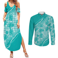 Hawaii Breadfruit Palaka Couples Matching Summer Maxi Dress and Long Sleeve Button Shirt Polu Opal Maile Lei LT9 Turquoise - Polynesian Pride