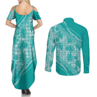 Hawaii Breadfruit Palaka Couples Matching Summer Maxi Dress and Long Sleeve Button Shirt Polu Opal Maile Lei LT9 - Polynesian Pride