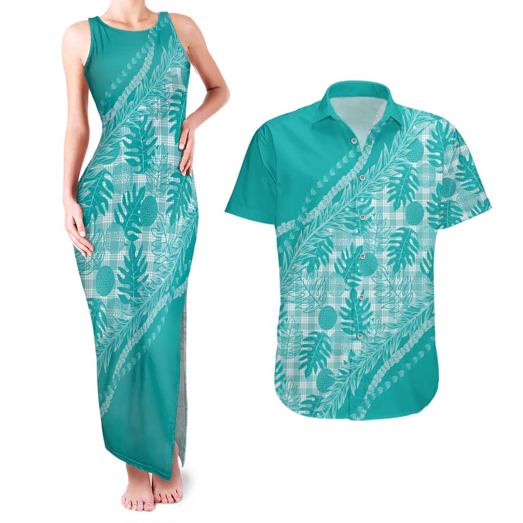 Hawaii Breadfruit Palaka Couples Matching Tank Maxi Dress and Hawaiian Shirt Polu Opal Maile Lei LT9 Turquoise - Polynesian Pride