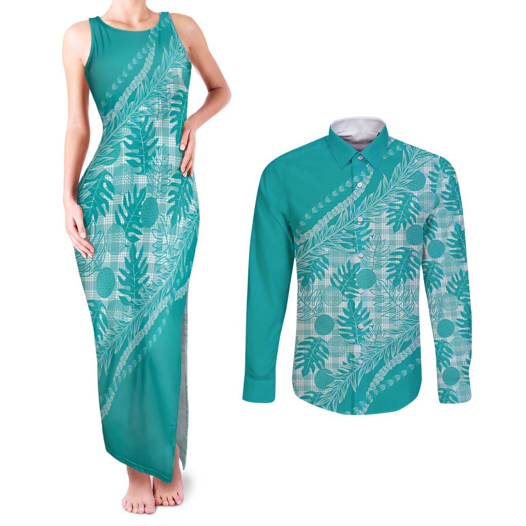 Hawaii Breadfruit Palaka Couples Matching Tank Maxi Dress and Long Sleeve Button Shirt Polu Opal Maile Lei - Polynesian Pride