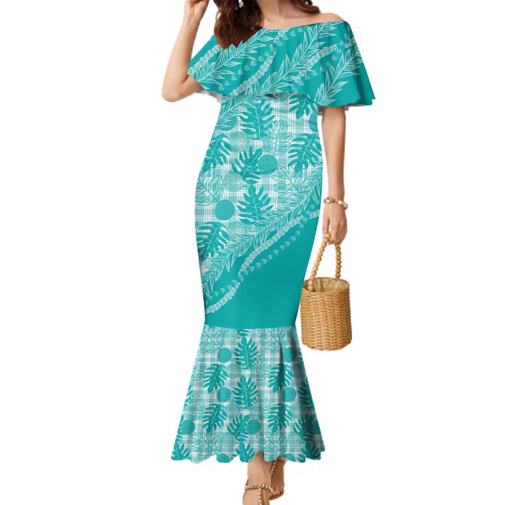 Hawaii Breadfruit Palaka Family Matching Mermaid Dress and Hawaiian Shirt Polu Opal Maile Lei LT9 Mom's Dress Turquoise - Polynesian Pride