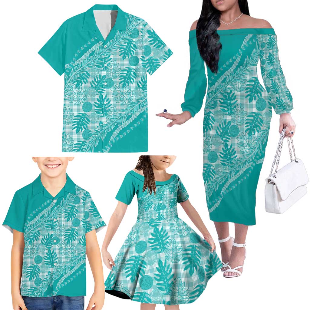 Hawaii Breadfruit Palaka Family Matching Off The Shoulder Long Sleeve Dress and Hawaiian Shirt Polu Opal Maile Lei LT9 - Polynesian Pride