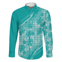 Hawaii Breadfruit Palaka Family Matching Off Shoulder Maxi Dress and Hawaiian Shirt Polu Opal Maile Lei LT9 Dad's Shirt - Long Sleeve Turquoise - Polynesian Pride
