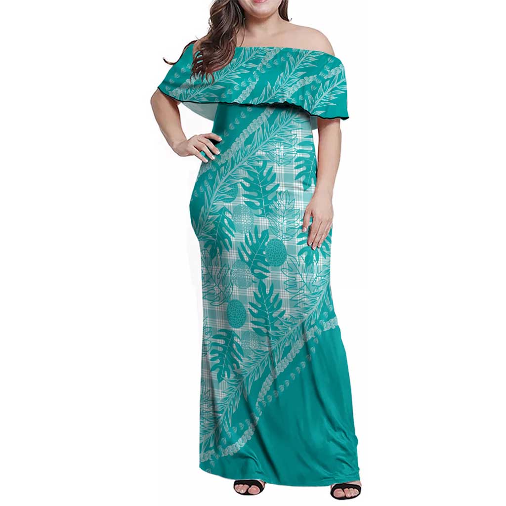 Hawaii Breadfruit Palaka Family Matching Off Shoulder Maxi Dress and Hawaiian Shirt Polu Opal Maile Lei LT9 Mom's Dress Turquoise - Polynesian Pride