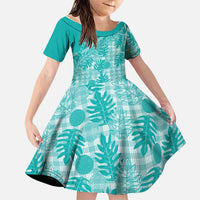 Hawaii Breadfruit Palaka Family Matching Off Shoulder Short Dress and Hawaiian Shirt Polu Opal Maile Lei LT9 Daughter's Dress Turquoise - Polynesian Pride