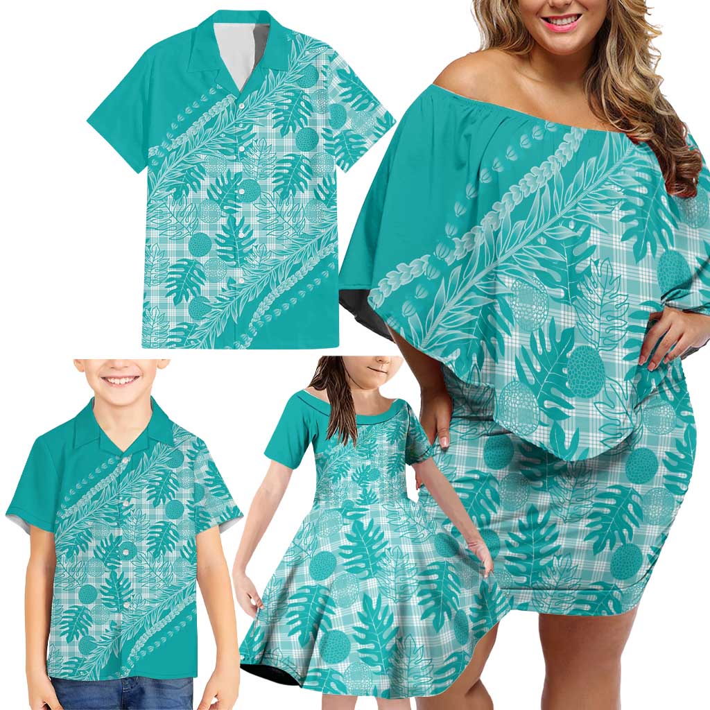 Hawaii Breadfruit Palaka Family Matching Off Shoulder Short Dress and Hawaiian Shirt Polu Opal Maile Lei LT9 - Polynesian Pride