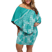 Hawaii Breadfruit Palaka Family Matching Off Shoulder Short Dress and Hawaiian Shirt Polu Opal Maile Lei LT9 Mom's Dress Turquoise - Polynesian Pride