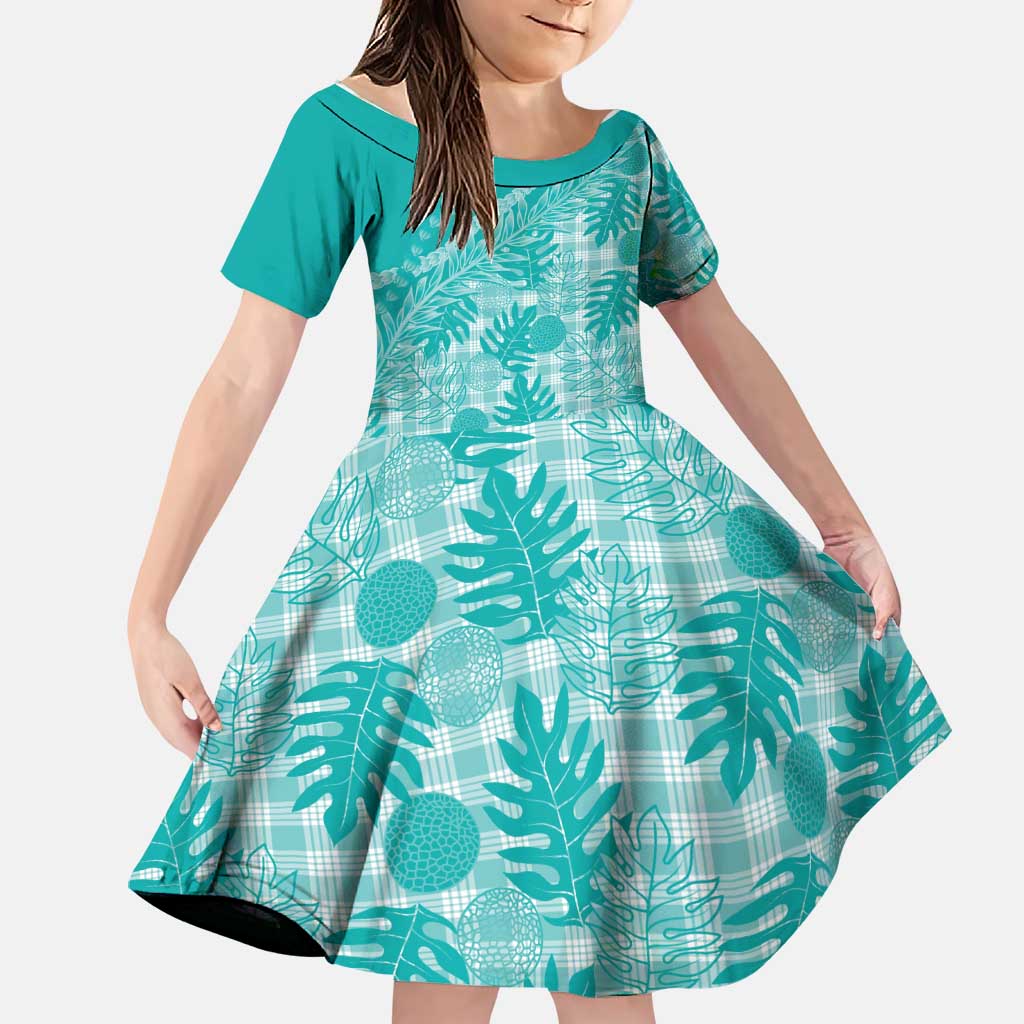 Hawaii Breadfruit Palaka Family Matching Short Sleeve Bodycon Dress and Hawaiian Shirt Polu Opal Maile Lei LT9 Daughter's Dress Turquoise - Polynesian Pride