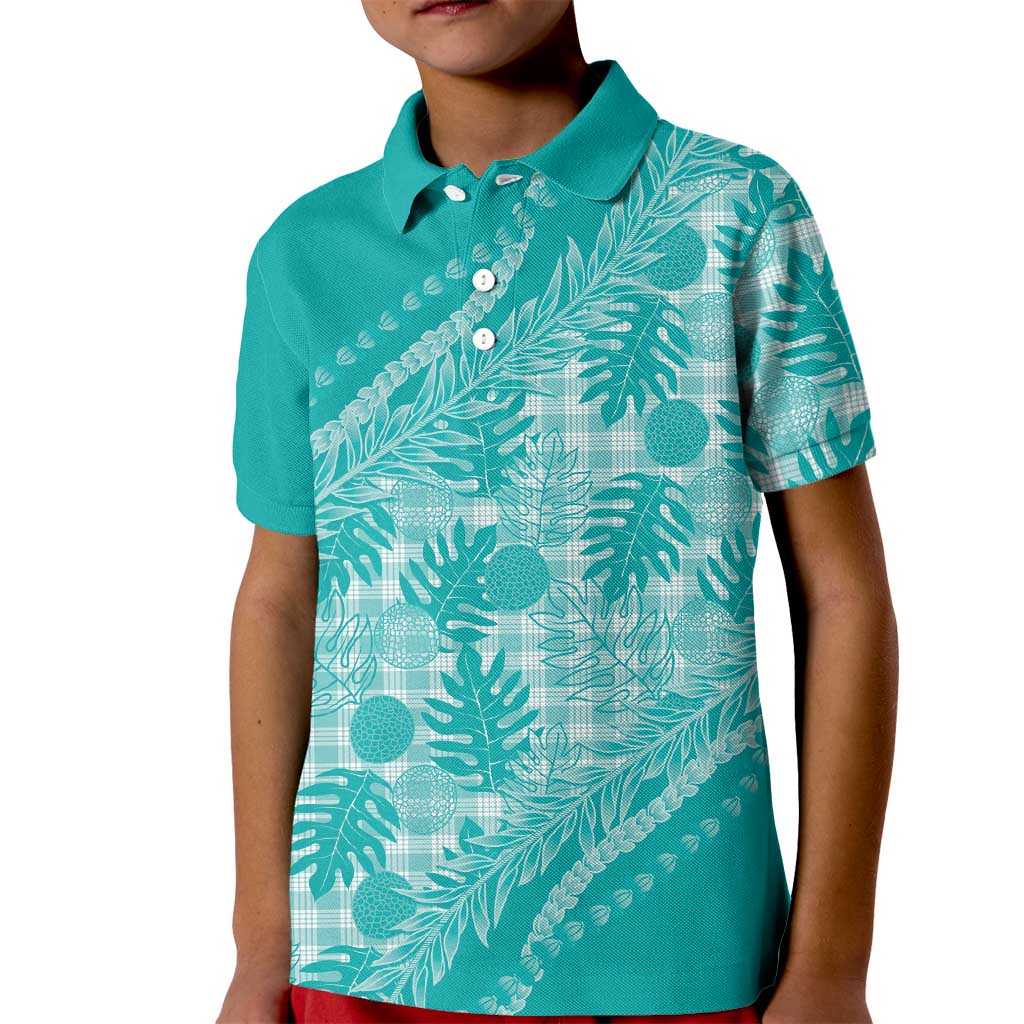 Hawaii Breadfruit Palaka Kid Polo Shirt Polu Opal Maile Lei LT9 Kid Turquoise - Polynesian Pride