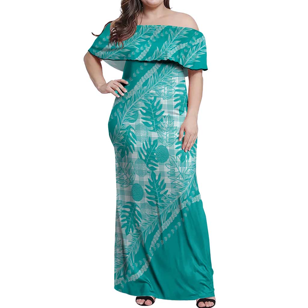 Hawaii Breadfruit Palaka Off Shoulder Maxi Dress Polu Opal Maile Lei LT9 Women Turquoise - Polynesian Pride
