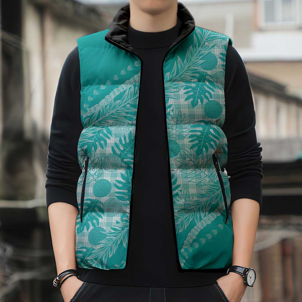 Hawaii Breadfruit Palaka Sleeveless Puffer Jacket Polu Opal Maile Lei - Polynesian Pride
