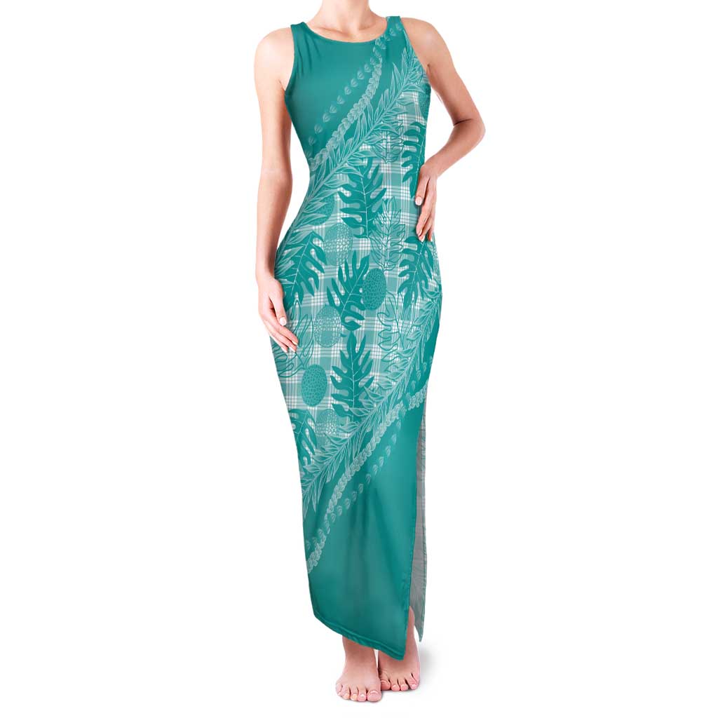 Hawaii Breadfruit Palaka Tank Maxi Dress Polu Opal Maile Lei LT9 Women Turquoise - Polynesian Pride