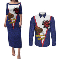 American Samoa Heart Tribal Personalized Couples Matching Puletasi and Long Sleeve Button Shirt Polynesian Patterns LT9 Blue - Polynesian Pride