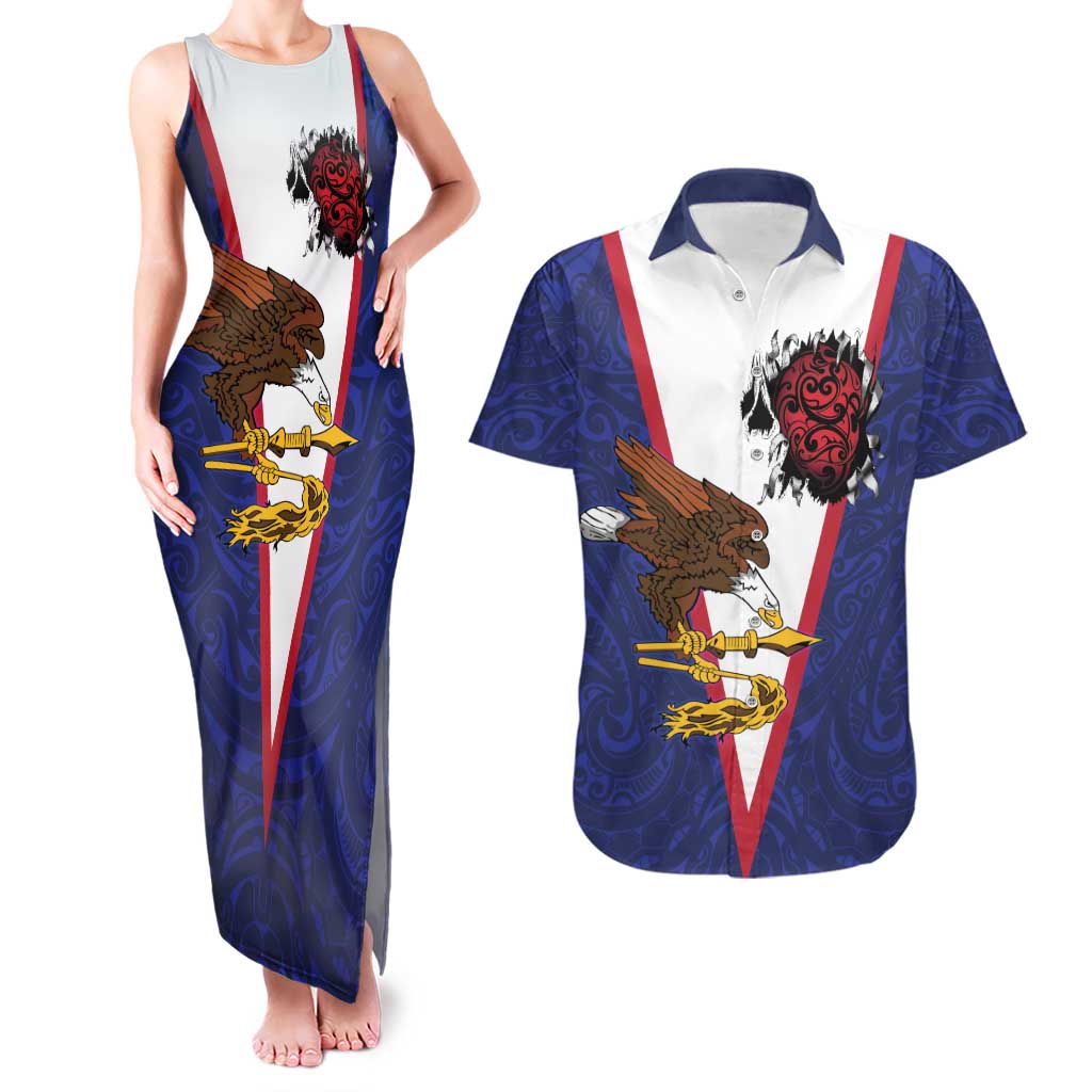 American Samoa Heart Tribal Personalized Couples Matching Tank Maxi Dress and Hawaiian Shirt Polynesian Patterns LT9 Blue - Polynesian Pride