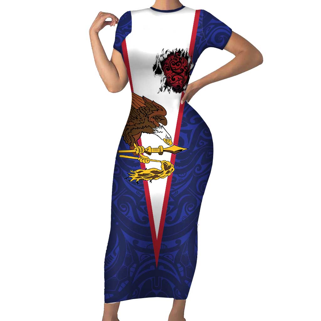 American Samoa Heart Tribal Personalized Short Sleeve Bodycon Dress Polynesian Patterns LT9 Long Dress Blue - Polynesian Pride