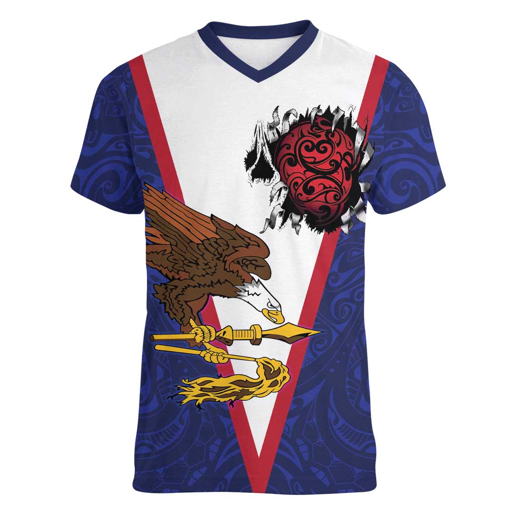 American Samoa Heart Tribal Personalized Women V-Neck T-Shirt Polynesian Patterns