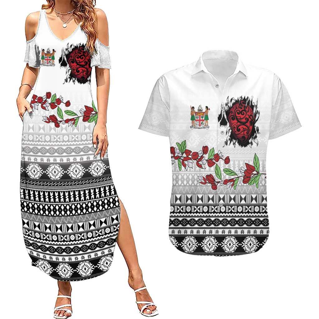 Fiji Heart Tribal Personalised Couples Matching Summer Maxi Dress and Hawaiian Shirt Polynesian Patterns LT9 White - Polynesian Pride