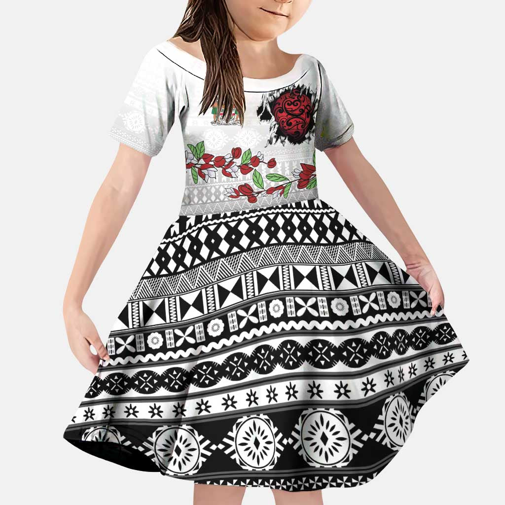 Fiji Heart Tribal Personalised Family Matching Mermaid Dress and Hawaiian Shirt Polynesian Patterns LT9 Daughter's Dress White - Polynesian Pride
