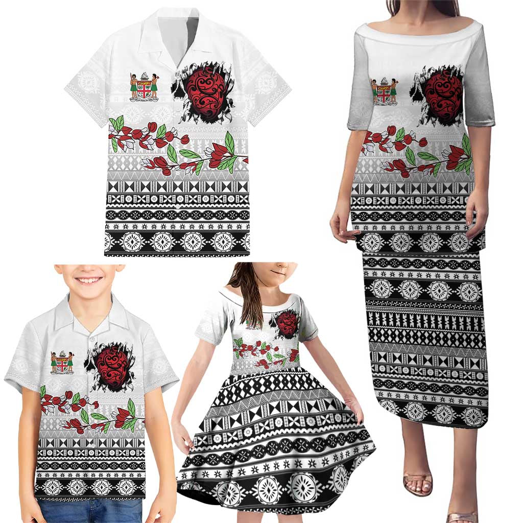 Fiji Heart Tribal Personalised Family Matching Puletasi and Hawaiian Shirt Polynesian Patterns