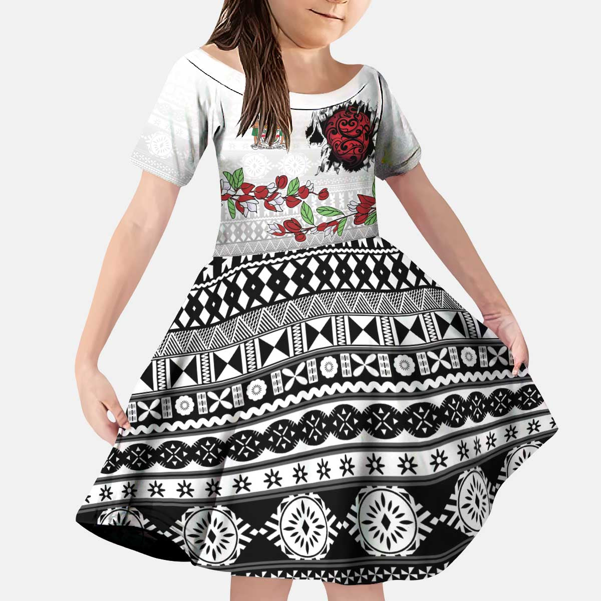Fiji Heart Tribal Personalised Kid Short Sleeve Dress Polynesian Patterns LT9 KID White - Polynesian Pride